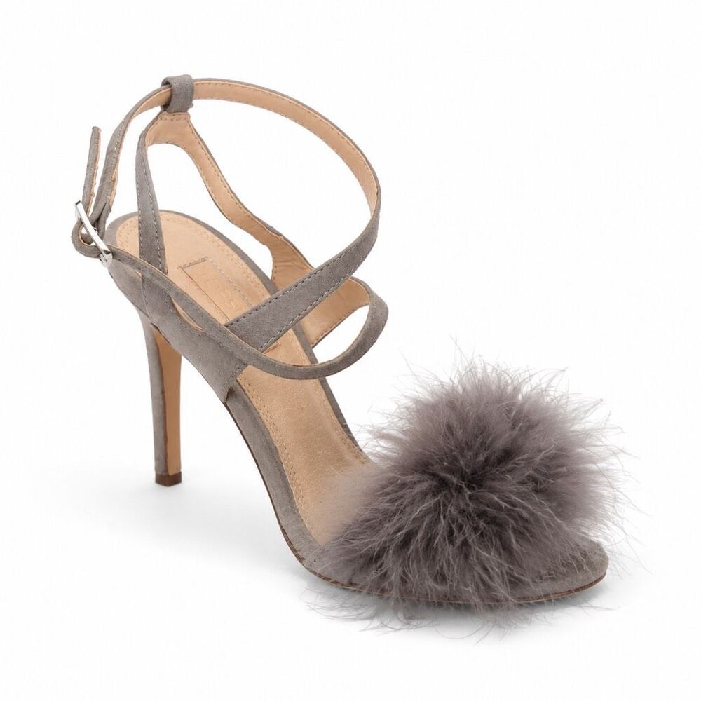 Topshop Gray Feather Pom Pom Strappy Heels Size 38